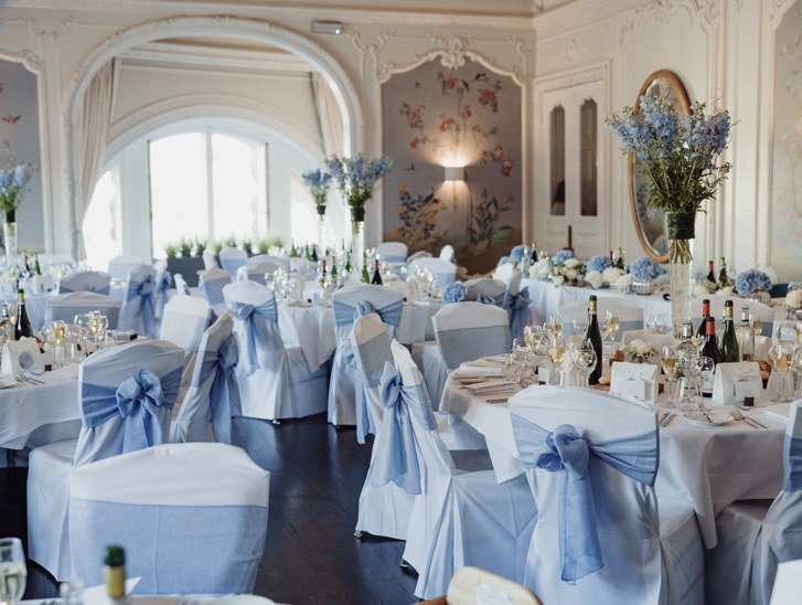 Wedding breakfast at Dean Banks at The Pompadour with blue and white wedding decor